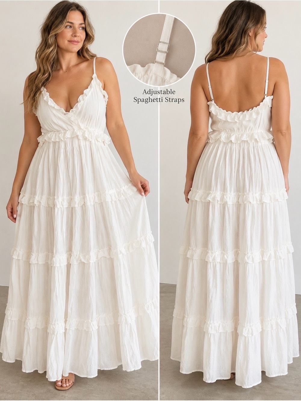 Arula Womens XL White Linen Blend Ruffle Tiered Maxi Dress Boho Adjustable Strap